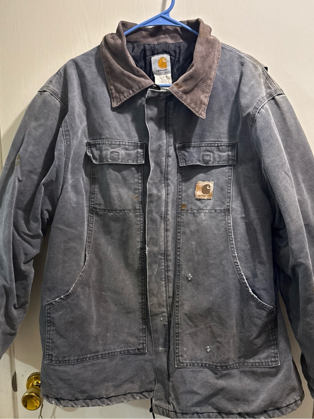 Vintage C36 Carhartt Men’s Arctic blue grey Work Coat with Brown Corduroy Collar